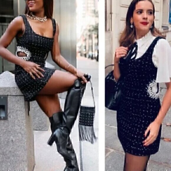 Black Texture Tweed  Weave Cutout Mini Dress With Faux Pearls L - Picture 1 of 16